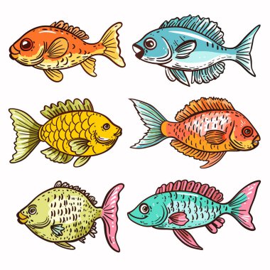 Handdrawn colorful fish illustrations featuring six different species, fish has unique patterns colors ranging orange, blue, yellow green. Cartoon style sea creatures perfect educational materials clipart