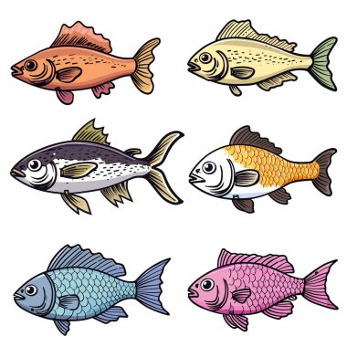 Altı renkli balık çizimi izole edilmiş beyaz arka plan. Çizgi film tarzı tropikal balıklar, değişik desenli renkler. Çeşitli süs balıkları, su hayvanı teması, vektör tasarımı