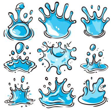 Set blue water splash illustrations featuring various shapes splatter patterns. Graphic representations liquid drops splashes perfect cleaning service logos drink advertisements. Cartoon style clipart