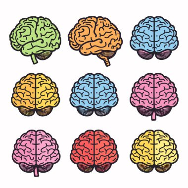Çeşitli zihinsel durumları temsil eden dokuz renkli beyin çizimi. Beyin grafikleri yeşil, turuncu, mavi, sarı, pembe, uygun psikoloji, yaratıcılık, zeka teması, çizim