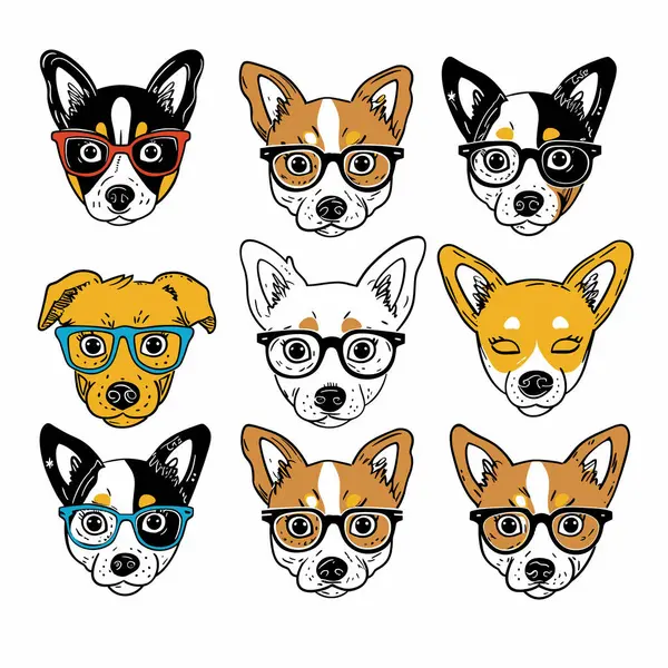 stock vector Collection cartoon dogs wearing glasses, various expressions colorful eyewear. Quirky cute dog faces, artistic pet portrait series, hipster style