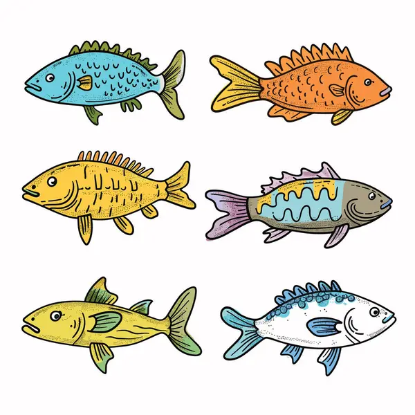 El çizimi renkli balık çizimleri izole edilmiş beyaz arka plan. Altı farklı karikatür balığı canlı renkler tasarlar. Tatlı su tropikal türleri sanat stili çizerler.