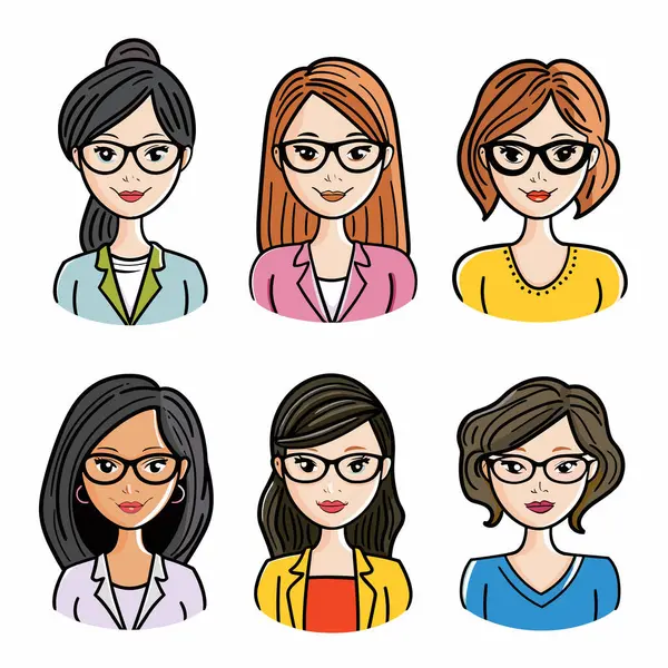 Six Different Cartoon Women Display Diverse Hairstyles Glasses Clothing Choices — Stock Vector