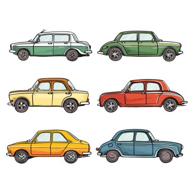 Set vintage cars illustrated various colors. Classic car collection, retro automobile style, handdrawn vehicles. Colorful classic cars, side view, cartoon car illustrations, transport theme clipart