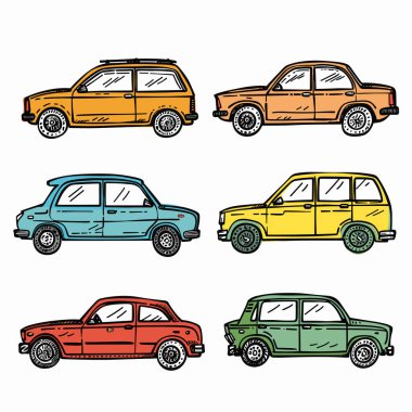Six colorful cartoon cars side view. Vintage automobiles collection, classic design. Different car types, colors, hatchback, sedan, isolated white background clipart