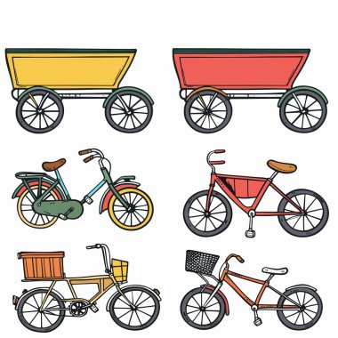 Sarı el arabası, yeşil turuncu çocuklar bisiklet eğitim tekerlekleri, kırmızı antika bisiklet, turuncu üç tekerlekli tahta sandık, bisiklet siyah sepeti de dahil olmak üzere çeşitli renkli çizimler.