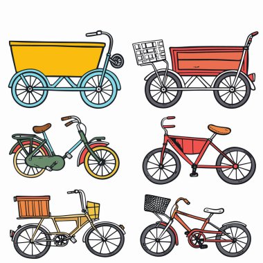 Renkli bisiklet çizimlerini izole edilmiş beyaz arkaplan olarak ayarla. Farklı tipte bisikletler, üç tekerlekli kargo bisikleti, çocuk bisikleti. Grafik tarzı, çeşitli renkler, iki tekerlek, üç tekerlek.