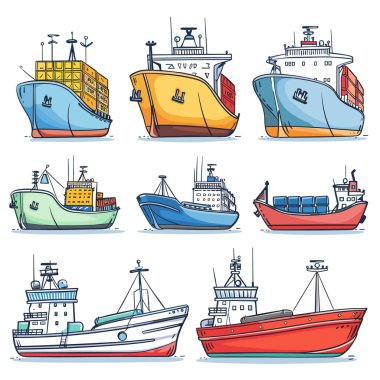 Koleksiyon renkli gemiler çizgi film tarzında tekneler. Çeşitli tipte gemiler balıkçı tekneleri çizilmiş. Sahil taşımacılığı, denizcilik, denizcilik temalı vektör grafiği