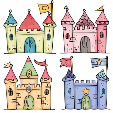 Taretler, bayraklar, eşsiz kapılar, stilize edilmiş ortaçağ mimarisi, canlı karikatür cazibesi içeren dört renkli el yapımı kale. Beyaz arkaplan, mükemmel çocuklar