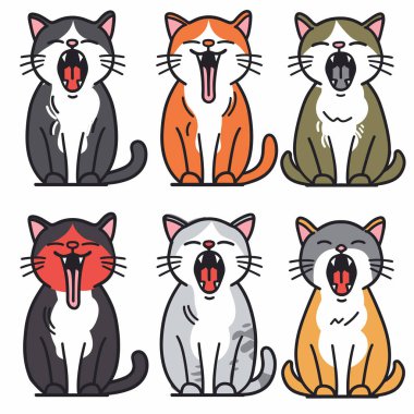 Altı çizgi film kedisi oturuyor, çeşitli renkler, duygularını ifade ediyor mutluluk, sürpriz, şarkı. Şirin kedi tasarımları, kalın çizgiler, renkli kedi karakterleri. İzole edilmiş beyaz arka plan, mutlu