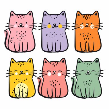 Altı sevimli çizgi film kedisi farklı renklerde izole edilmiş beyaz arka plan, kedi farklı ifadeler tasvir ediyor, pembe, mor, turuncu, sarı, yeşil renkler. Basit tapılası tasarım Mükemmel çocuk kedi