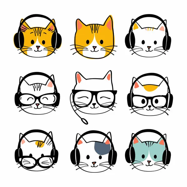 Coleção Bonito Cara Gato Usando Óculos Fones Ouvido Cartoon Felino Ilustrações De Stock Royalty-Free
