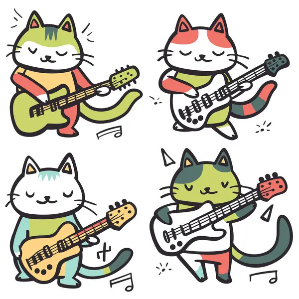 Quatro Gatos Desenhos Animados Tocando Guitarras Elétricas Personagens Felinos Coloridos Ilustrações De Stock Royalty-Free