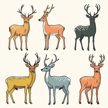 Six stylized deer illustrations displaying various color schemes patterns. Illustration perfect wildlife themed graphic design projects. Artistic representation captures deer different poses hues clipart