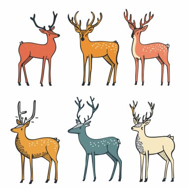 Six colorful deer illustrations, deer unique antler shapes spots. Handdrawn art style, vibrant color palette featuring oranges, yellows, greens. Variety poses orientations, suitable naturethemed clipart
