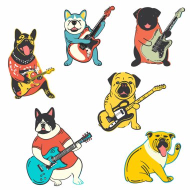 Six cartoon dogs playing electric guitars, unique design. Dogs illustrated musicians, canine band concept, playful artwork. Cartoon performing, guitarstrumming pups, vibrant clipart