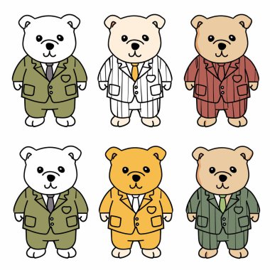 Altı çizgi film karakteri takım elbise giyiyor, farklı renkte takım elbiseler giyiyor, ayıcıklı tasvirler sergiliyor. Şirin hayvan maskotları çocuk giyim kitaplarını süslüyor.