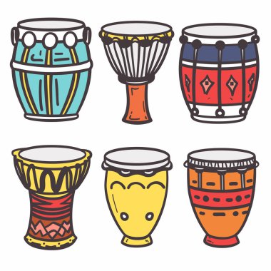 Collection colorful handdrawn percussion instruments isolated white background. Various types drums decorative patterns vibrant colors. Set ethnic musical instruments cartoon style clipart