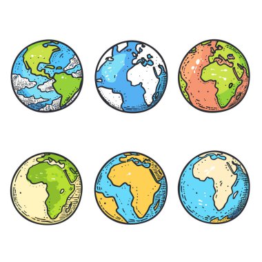 Six colorful globe illustrations showing various continents oceans cartoon style. Educational materials geography, different world views isolated white background. Earth drawings depict planet clipart