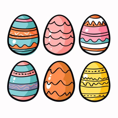 Set six colorful Easter eggs decorated various patterns. Handdrawn style designs suitable holiday greetings. Bright isolated white background ideal festive Easter designs clipart