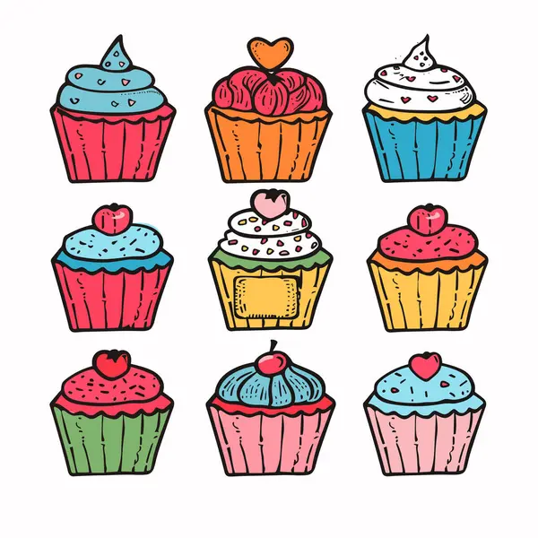 stock vector Assorted colorful cupcakes handdrawn illustration, topped icing decorations such hearts sprinkles. Vibrant, cartoonstyle cupcakes ideal bakerythemed designs, featuring various flavors. Fun dessert