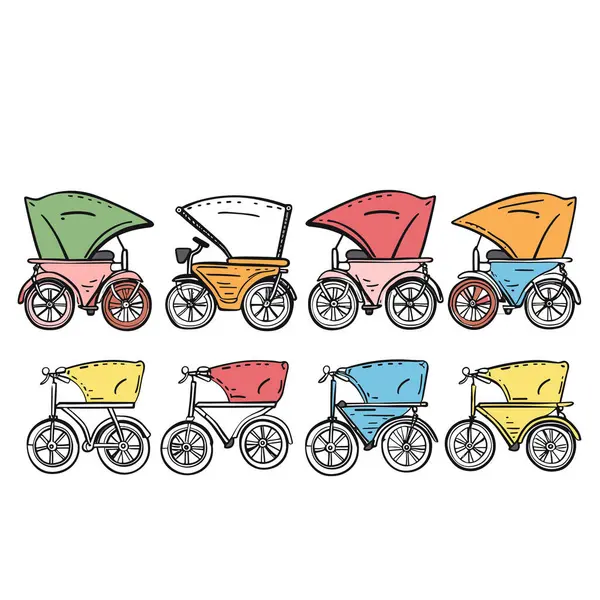 stock vector Handdrawn colorful baby strollers arranged two rows display variety, vibrant hues. Vintage style baby carriages, assortment, white background, bright colors, line art. Multicolored retro prams, side
