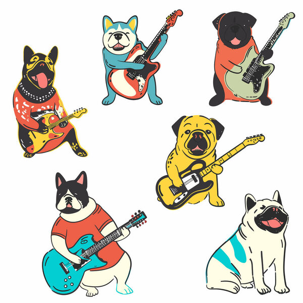 Cartoon dogs playing electric guitars, colorful canine, happy dogs instruments. Variety breeds illustrated guitarists, band attire rocking out, dog collection, playful