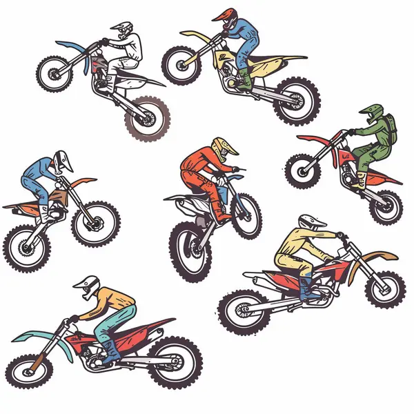Six Motocross Riders Performing Stunts Dirt Bikes Wearing Helmets Jumpsuits — Stock Vector