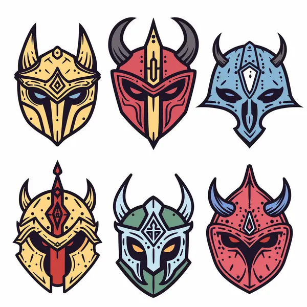 Шесть Стилизованных Фэнтезийных Шлемов Воина Красочный Дизайн Шлем Имеет Уникальные Лицензионные Стоковые Векторы