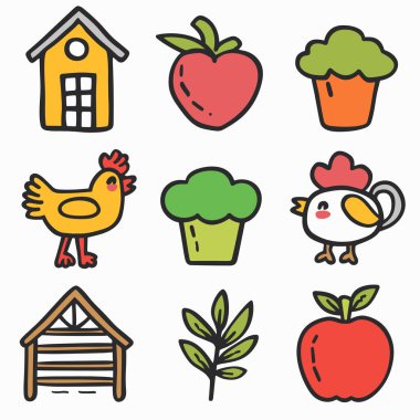 Bright cartoon farm icons yellow house, red strawberry, green broccoli, chicken stands, chick poses, wooden barn, green leaf, red apple. Childfriendly doodle style farm symbols. Colorful agriculture clipart