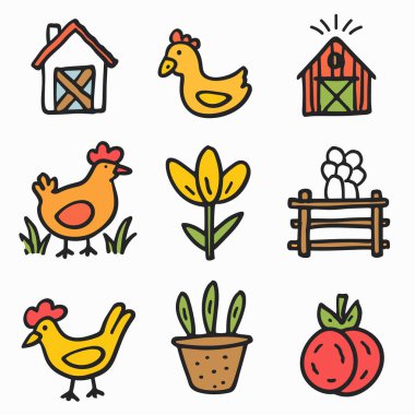 Çiftlik simgeleri izole edilmiş beyaz arkaplan çizildi. Renkli çiftlik ikonları ahır, tavuk, çiçek, yumurta sepeti, saksı bitkisi ve domates gösteriyor. Basit düz tasarım elemanları tarım teması