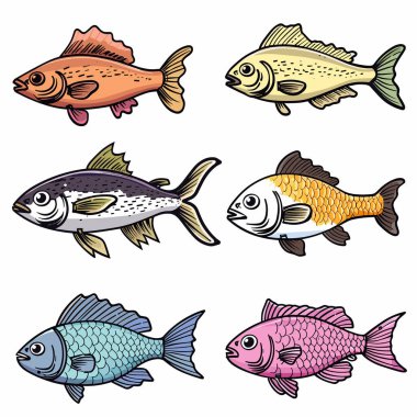 Beyaz arka planda yer alan altı renkli balık çizimi. Farklı türler, turuncu, sarı, gri, mavi, altın, pembe renkli balıklar. Elle çizilmiş su hayvanlarının grafikleri
