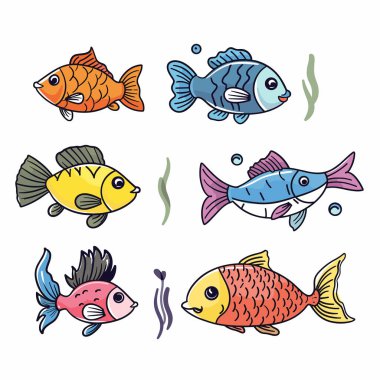 Suyun altında yüzen renkli karikatür balık türleri, suda yaşam. El yapımı tropik balıklar, temiz beyaz arka plan, deniz canlıları. Farklı türde balıklar, karikatür tarzı, izole edilmiş beyaz.