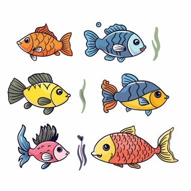 Renkli karikatür balık koleksiyonu izole edilmiş beyaz arka plan. Altı farklı tropikal balık türü, eğlenceli tasarım, suda yaşayan hayvan çizimi. El yapımı mavi, sarı, kırmızı, turuncu balık, su altı