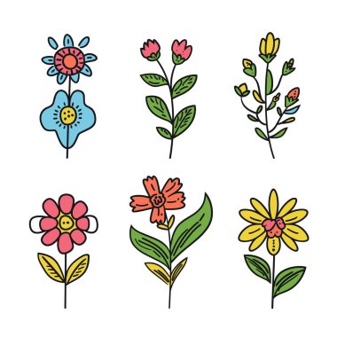 Altı renkli el çizimi çiçek, tuhaf çiçek desenleri, izole edilmiş beyaz arka plan. Çizgi film yaprakları, neşeli doğa ikonları, parlak renkler, karalama sanatı. Eğlenceli botanik illüstrasyon, basit