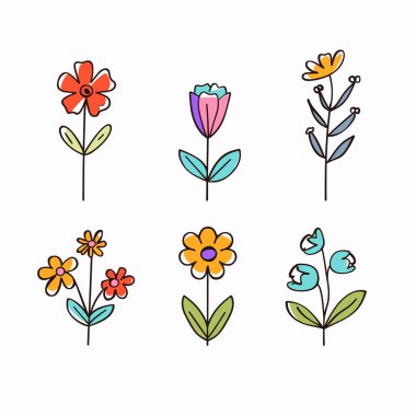 Altı renkli karikatür çiçeği, basit sanat tarzı, çiçekli tasarım elementleri. Çeşitli çiçekler, doğa ikonları, bitki çizimleri, parlak renkler, yapraklar. Botanik sanat eseri, izole edilmiş beyaz arkaplan