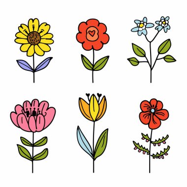 Altı renkli çiçek ayarla, el çizimi çiçek vektör çizimi. Basit çiçek çizimleri, karikatür çiçekleri koyu ana hatlar izole edilmiş beyaz arka plan. Botanik sanat eserleri, dekoratif bitkiler bahçe teması