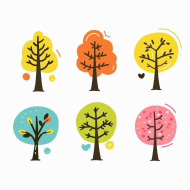 Six stylized trees represent different seasons times whimsical, colorful design. Simplified tree shapes differ foliage color, pink blossom autumnal orange bare winter silhouettes against pastel clipart