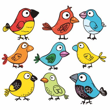 Collection colorful cartoon birds, various poses expressions. Handdrawn style, multiple cute avian characters, vibrant hues. Playful bird illustrations, childfriendly, cheerful design, isolated clipart
