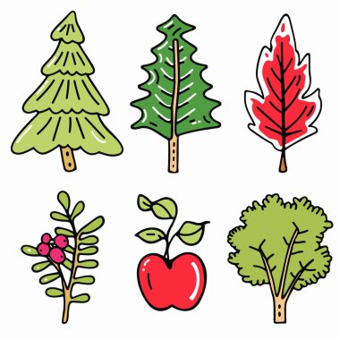 Handdrawn trees plants illustration featuring pine, fir, red leaf tree, berry branch, apple, deciduous tree. Cartoon style botanical drawing, colorful nature elements, educational graphics clipart