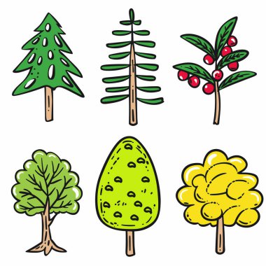 Colorful cartoon trees plants set isolated white background. Handdrawn evergreen, deciduous trees berry bush, nature ecology, environment theme. Green, yellow, red foliage, simple doodle style clipart