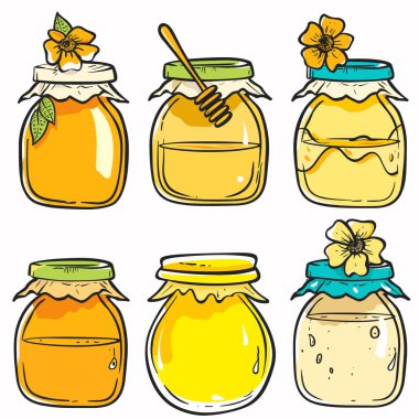 Six colorful jars honey, designed uniquely lids flowers. Bright cartoonstyle illustration, showcasing various honey textures. Isolated white background enhances detailed depiction honey jars clipart