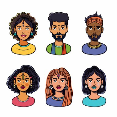 Altı farklı Hintli karakter vardı, erkek portreleri, kadın geleneksel kıyafet mücevherleri. Gülen yüzler, renkli kıyafetler, kültürel temsil yaratıcı tasarım, temiz bir altyapı. Etnik