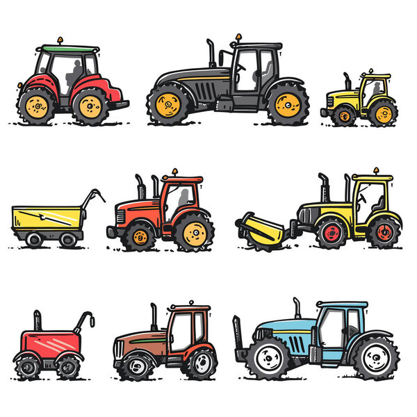 Различные красочные тракторы прицеп, мультфильм представительства, сельскохозяйственной техники. Различные модели сельскохозяйственных тракторов, вид сбоку, стилизованный дизайн, без фона. Комплект сельскохозяйственной техники, ручная работа