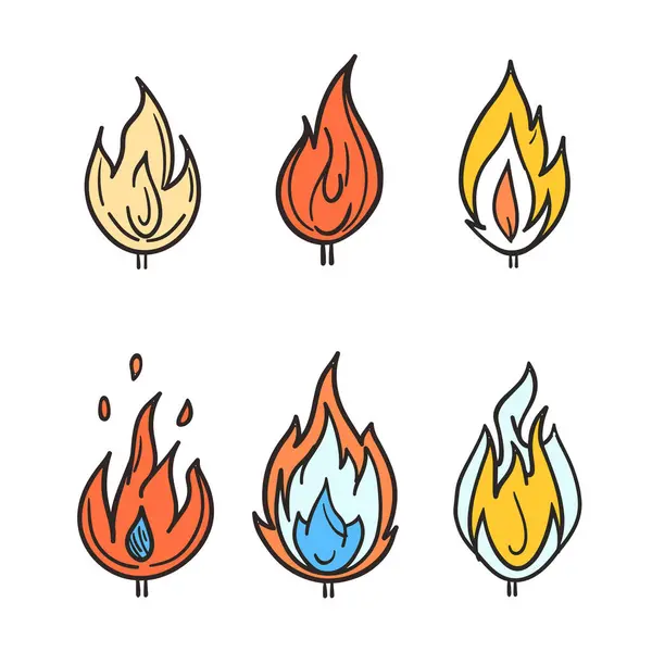 Enam Nyala Api Bergaya Kartun Berbeda Mewakili Kobaran Api Yang Stok Ilustrasi Bebas Royalti