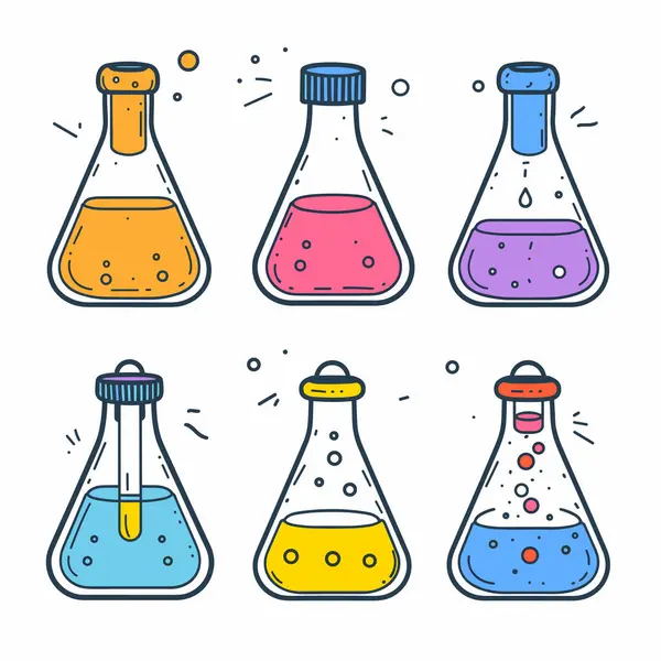 Coloridos Vasos Precipitados Científicos Llenaron Diferentes Soluciones Burbujeando Experimento Químico Vector De Stock