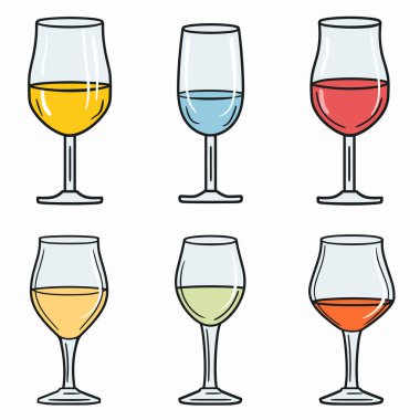 Altı farklı şarap kadehini ayarlayın. Şaraplar canlı renkler gösteriyordu. Çizgi film tarzı içecek ikonları ideal menü poster tasarımı, cam gösterimleri çeşitli şarapları temsil eden eşsiz sıvı renkler