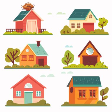 Six different colorful cartoon houses, unique designs, solar panels roofs, surrounded greenery. Trees, shrubbery, clouds give serene suburban neighborhood feel collection homes. Flat design vector clipart