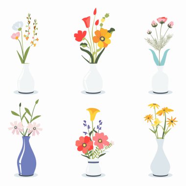 Altı vazo çeşitli renkli çiçekler düz desenli buketler. Çiçek aranjmanları ev dekorasyonu çiçek vazoları beyaz arka plan. Pastel koleksiyon zarif dekorasyon vektör illüstrasyonunu açar