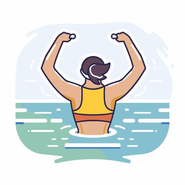 Resimlerde suyu kutlayan kişi görülüyor, kollar havaya kaldırılmış zafer. Çizgi film karakteri denizde yüzer, başarı heyecanı hissedilir. Animasyon erkek başarıyı, okyanus geçmişini kutluyor